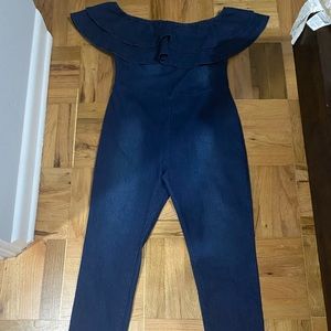 Fashion Nova Off Shoulder Ruffle Denim Jumpsuit